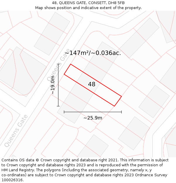 48, QUEENS GATE, CONSETT, DH8 5FB: Plot and title map