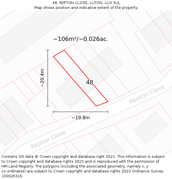 48, REPTON CLOSE, LUTON, LU3 3UL: Plot and title map