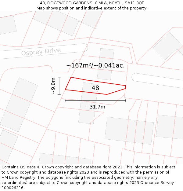 48, RIDGEWOOD GARDENS, CIMLA, NEATH, SA11 3QF: Plot and title map