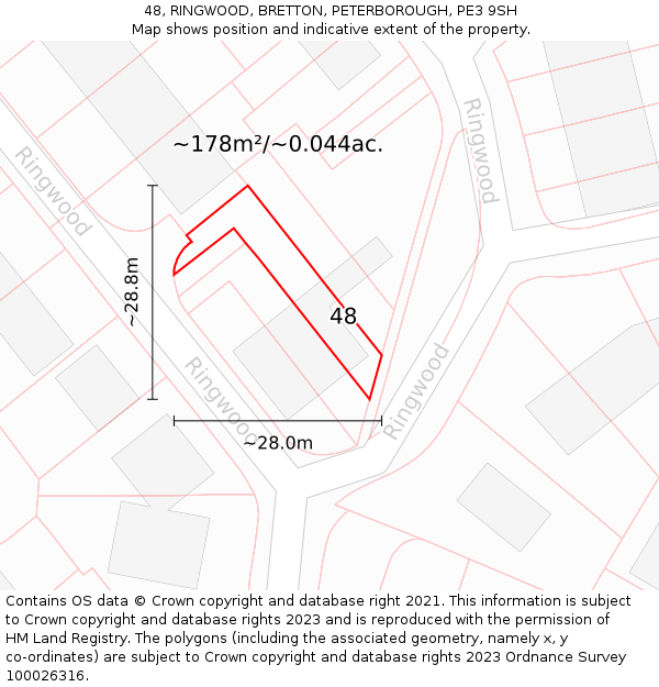 48, RINGWOOD, BRETTON, PETERBOROUGH, PE3 9SH: Plot and title map