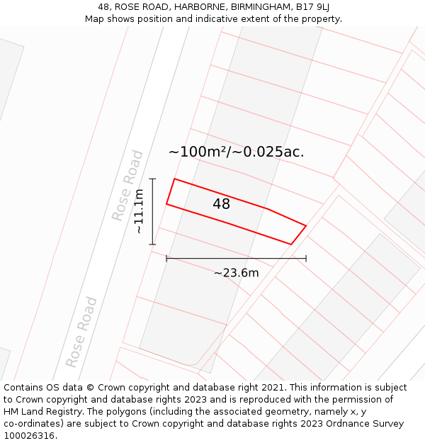 48, ROSE ROAD, HARBORNE, BIRMINGHAM, B17 9LJ: Plot and title map
