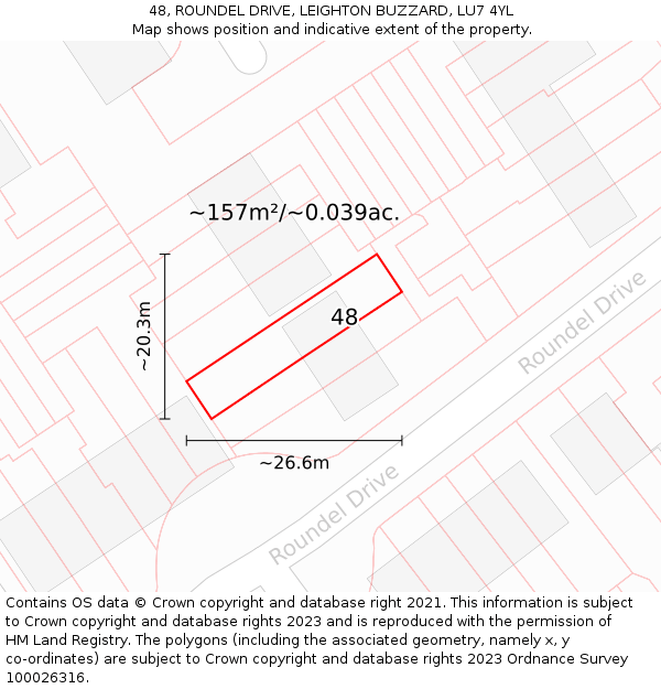 48, ROUNDEL DRIVE, LEIGHTON BUZZARD, LU7 4YL: Plot and title map