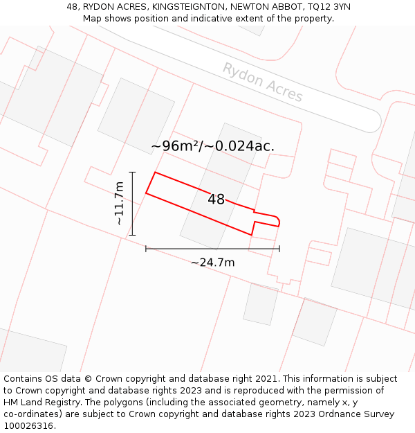 48, RYDON ACRES, KINGSTEIGNTON, NEWTON ABBOT, TQ12 3YN: Plot and title map