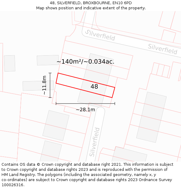 48, SILVERFIELD, BROXBOURNE, EN10 6PD: Plot and title map