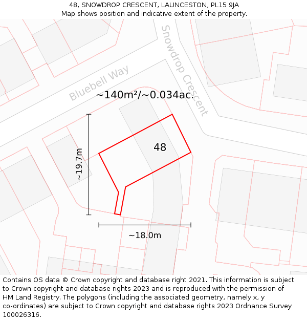 48, SNOWDROP CRESCENT, LAUNCESTON, PL15 9JA: Plot and title map