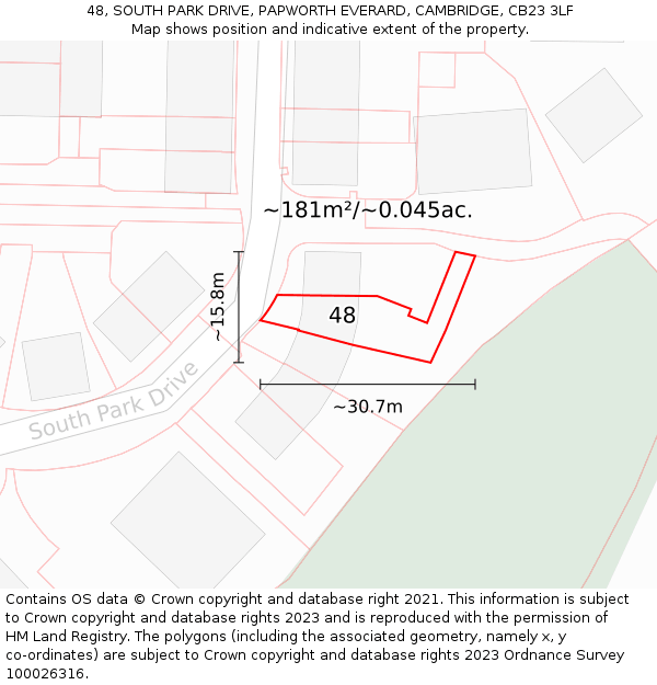 48, SOUTH PARK DRIVE, PAPWORTH EVERARD, CAMBRIDGE, CB23 3LF: Plot and title map
