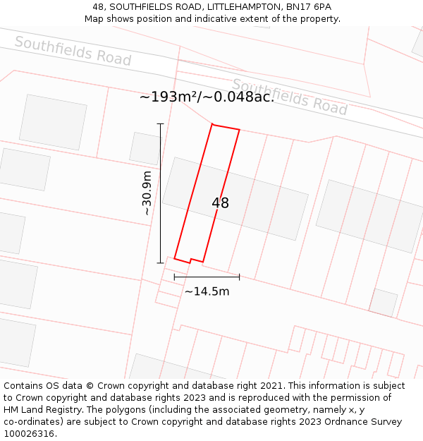 48, SOUTHFIELDS ROAD, LITTLEHAMPTON, BN17 6PA: Plot and title map