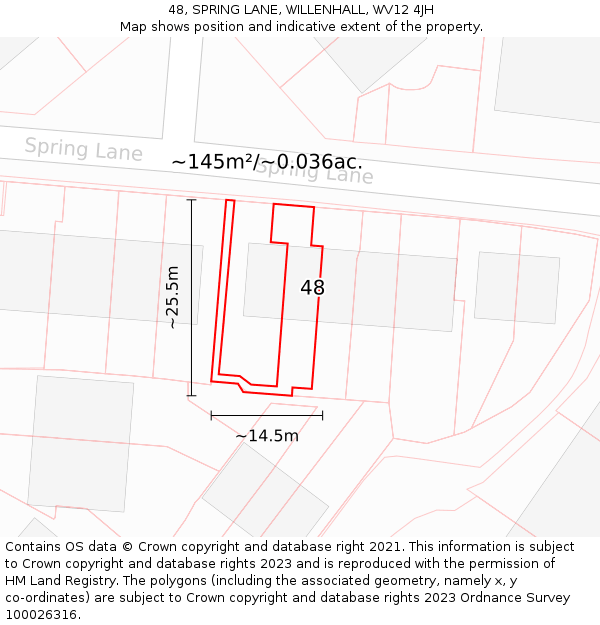 48, SPRING LANE, WILLENHALL, WV12 4JH: Plot and title map