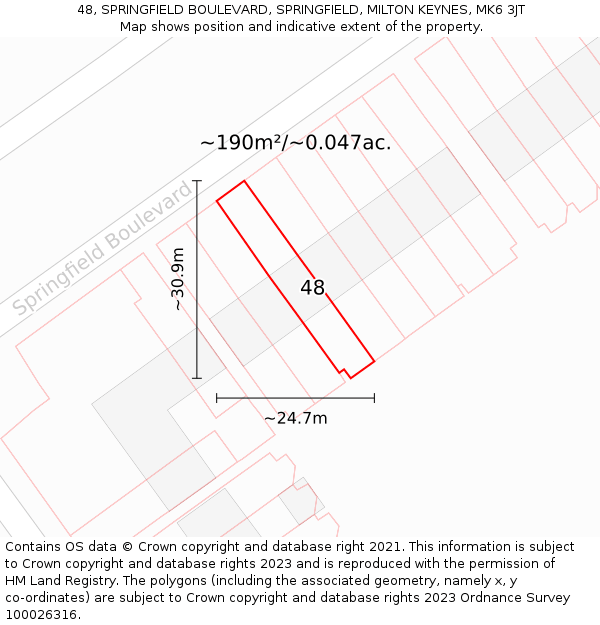 48, SPRINGFIELD BOULEVARD, SPRINGFIELD, MILTON KEYNES, MK6 3JT: Plot and title map