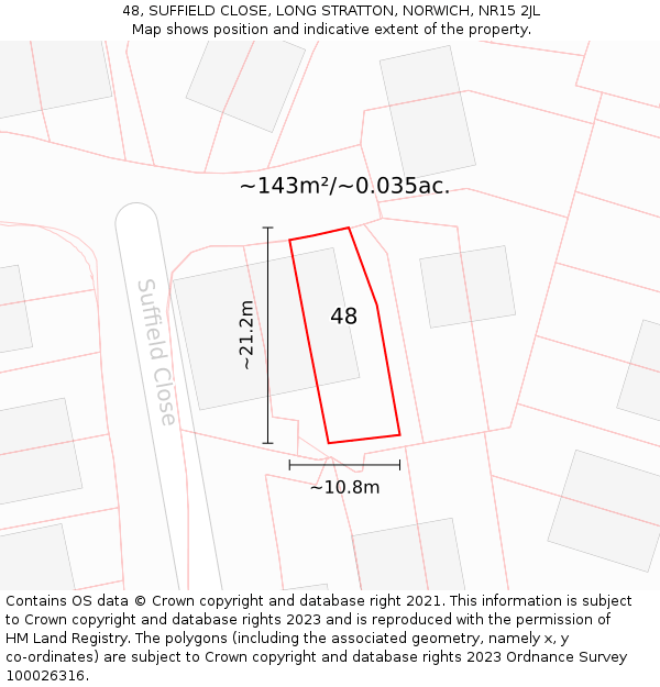 48, SUFFIELD CLOSE, LONG STRATTON, NORWICH, NR15 2JL: Plot and title map