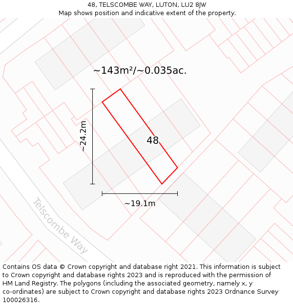 48, TELSCOMBE WAY, LUTON, LU2 8JW: Plot and title map