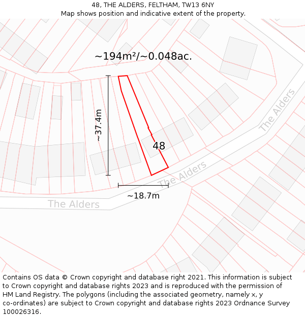 48, THE ALDERS, FELTHAM, TW13 6NY: Plot and title map