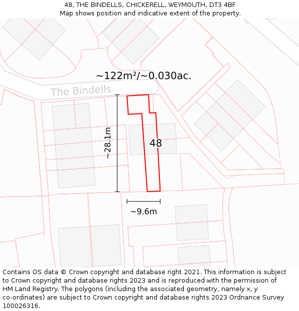 48, THE BINDELLS, CHICKERELL, WEYMOUTH, DT3 4BF: Plot and title map