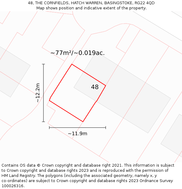 48, THE CORNFIELDS, HATCH WARREN, BASINGSTOKE, RG22 4QD: Plot and title map