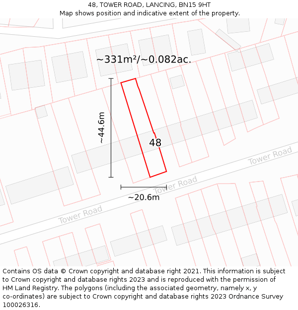 48, TOWER ROAD, LANCING, BN15 9HT: Plot and title map