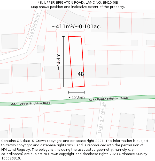 48, UPPER BRIGHTON ROAD, LANCING, BN15 0JE: Plot and title map