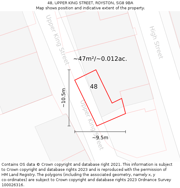 48, UPPER KING STREET, ROYSTON, SG8 9BA: Plot and title map