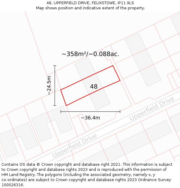 48, UPPERFIELD DRIVE, FELIXSTOWE, IP11 9LS: Plot and title map