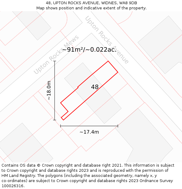 48, UPTON ROCKS AVENUE, WIDNES, WA8 9DB: Plot and title map