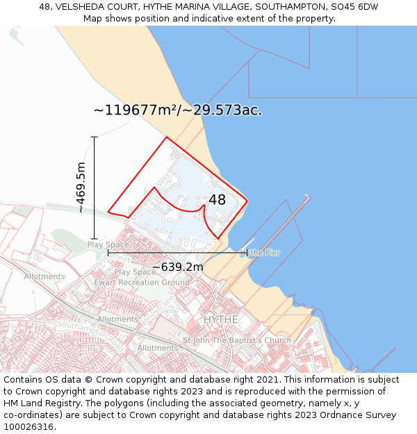 48, VELSHEDA COURT, HYTHE MARINA VILLAGE, SOUTHAMPTON, SO45 6DW: Plot and title map