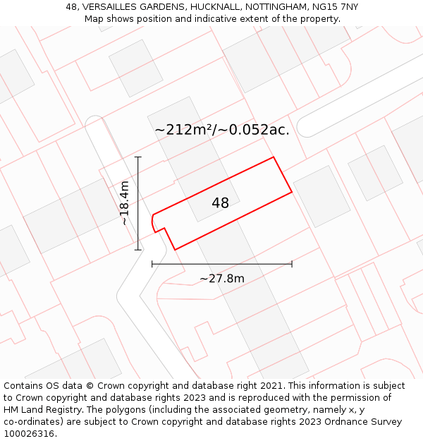 48, VERSAILLES GARDENS, HUCKNALL, NOTTINGHAM, NG15 7NY: Plot and title map