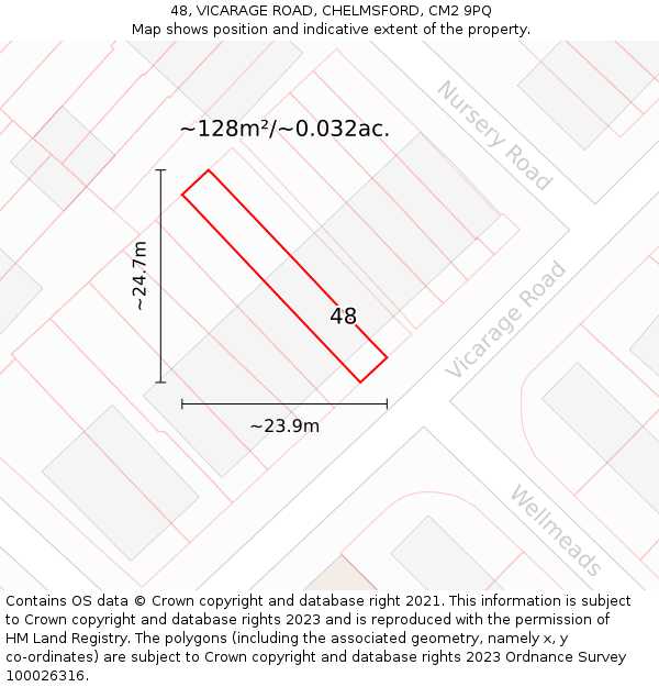 48, VICARAGE ROAD, CHELMSFORD, CM2 9PQ: Plot and title map