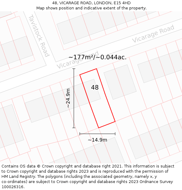 48, VICARAGE ROAD, LONDON, E15 4HD: Plot and title map