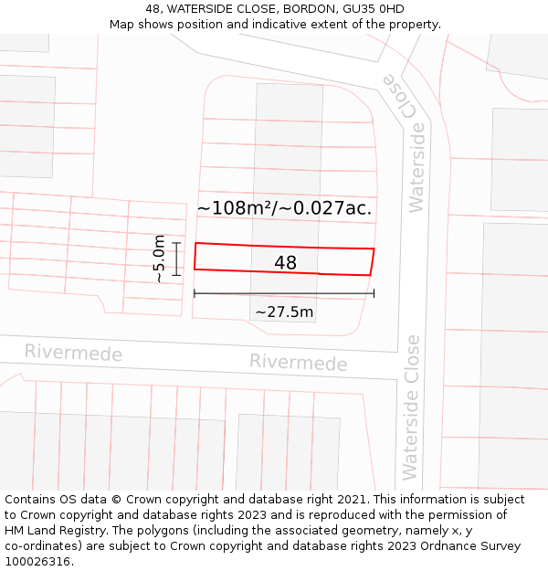 48, WATERSIDE CLOSE, BORDON, GU35 0HD: Plot and title map