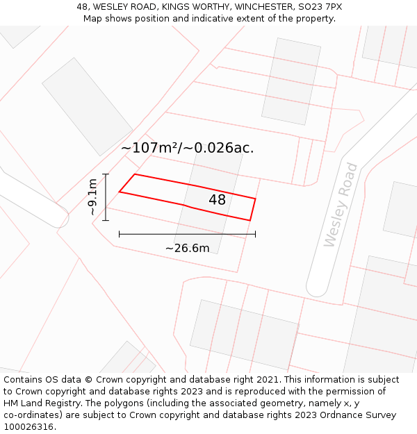 48, WESLEY ROAD, KINGS WORTHY, WINCHESTER, SO23 7PX: Plot and title map