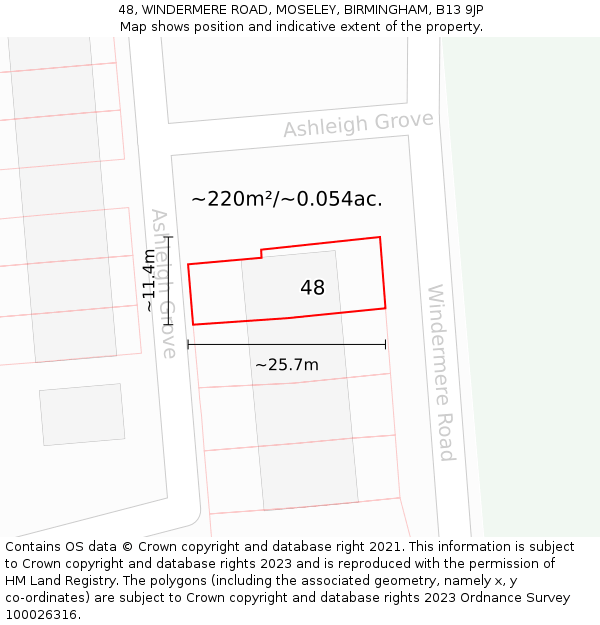 48, WINDERMERE ROAD, MOSELEY, BIRMINGHAM, B13 9JP: Plot and title map
