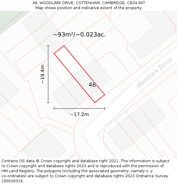 48, WOODLARK DRIVE, COTTENHAM, CAMBRIDGE, CB24 8XT: Plot and title map