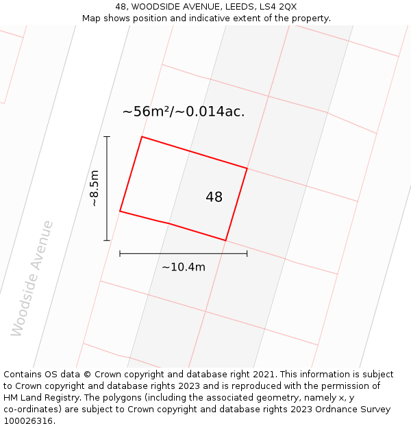 48, WOODSIDE AVENUE, LEEDS, LS4 2QX: Plot and title map