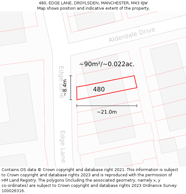 480, EDGE LANE, DROYLSDEN, MANCHESTER, M43 6JW: Plot and title map