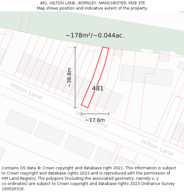 481, HILTON LANE, WORSLEY, MANCHESTER, M28 3TE: Plot and title map