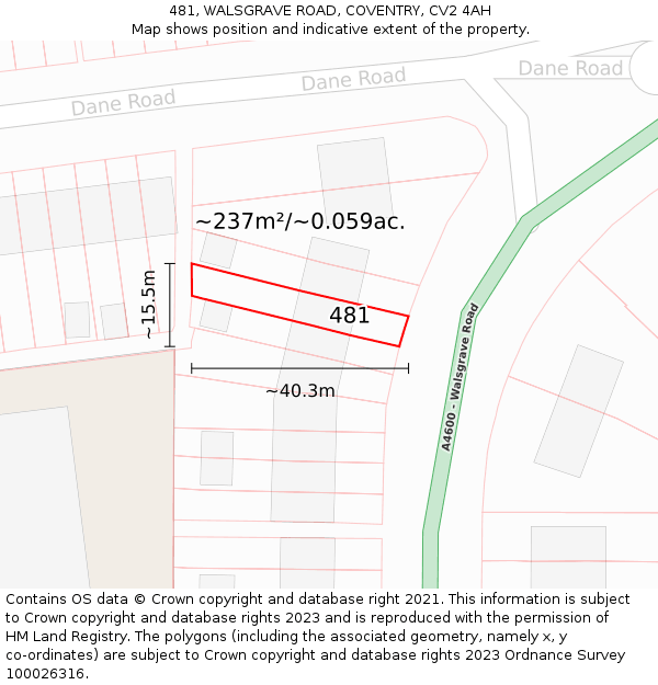 481, WALSGRAVE ROAD, COVENTRY, CV2 4AH: Plot and title map