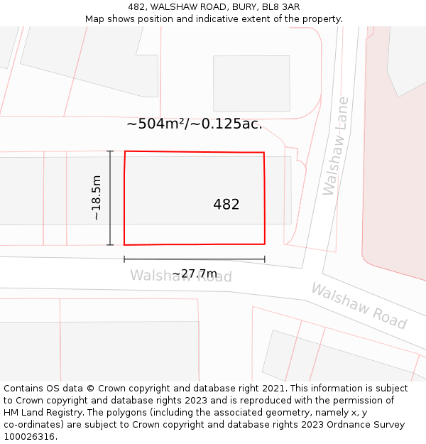 482, WALSHAW ROAD, BURY, BL8 3AR: Plot and title map