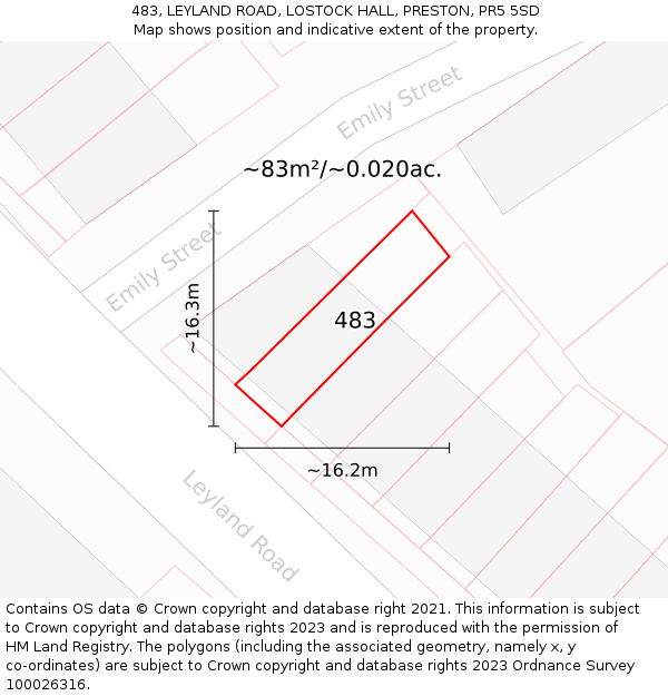 483, LEYLAND ROAD, LOSTOCK HALL, PRESTON, PR5 5SD: Plot and title map