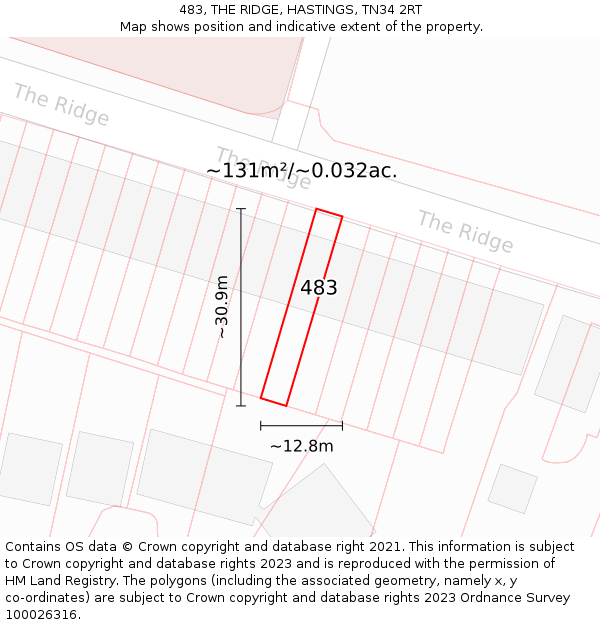 483, THE RIDGE, HASTINGS, TN34 2RT: Plot and title map