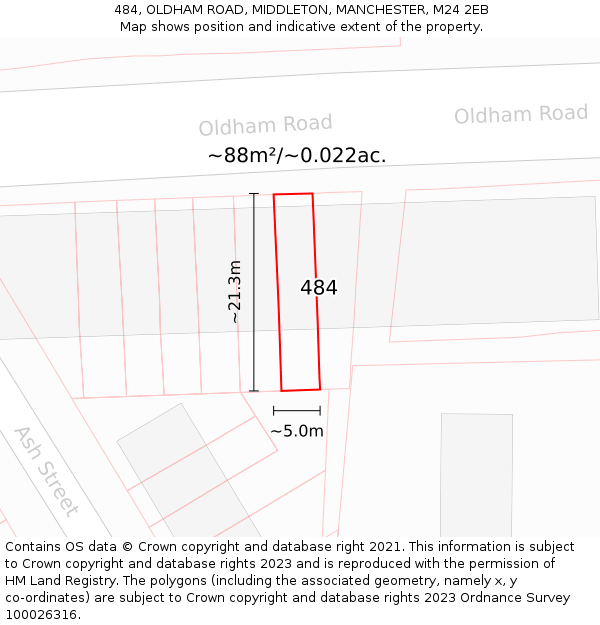 484, OLDHAM ROAD, MIDDLETON, MANCHESTER, M24 2EB: Plot and title map