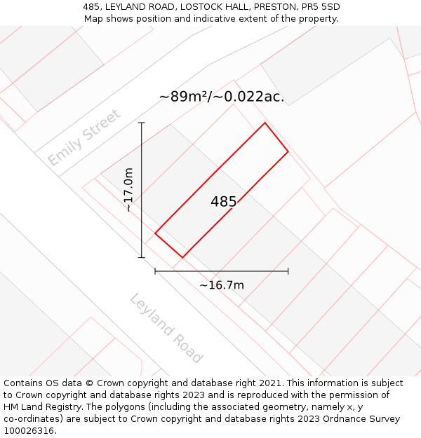 485, LEYLAND ROAD, LOSTOCK HALL, PRESTON, PR5 5SD: Plot and title map