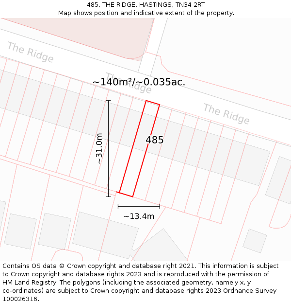 485, THE RIDGE, HASTINGS, TN34 2RT: Plot and title map
