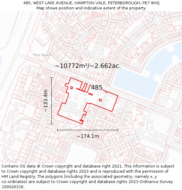 485, WEST LAKE AVENUE, HAMPTON VALE, PETERBOROUGH, PE7 8HQ: Plot and title map