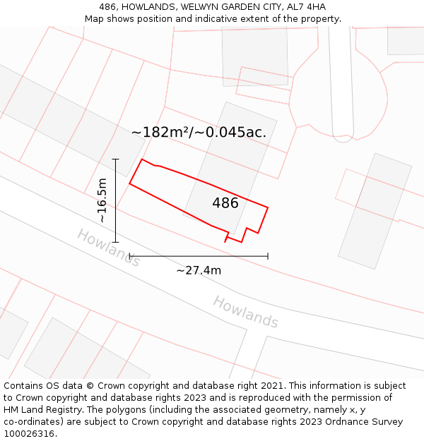486, HOWLANDS, WELWYN GARDEN CITY, AL7 4HA: Plot and title map