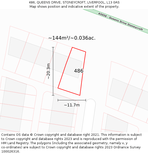 486, QUEENS DRIVE, STONEYCROFT, LIVERPOOL, L13 0AS: Plot and title map