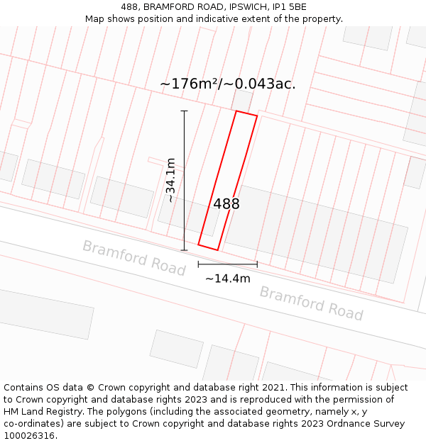 488, BRAMFORD ROAD, IPSWICH, IP1 5BE: Plot and title map