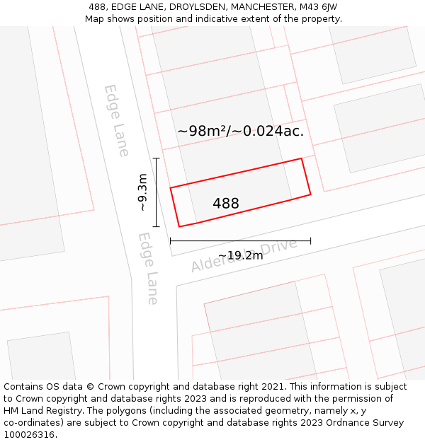 488, EDGE LANE, DROYLSDEN, MANCHESTER, M43 6JW: Plot and title map