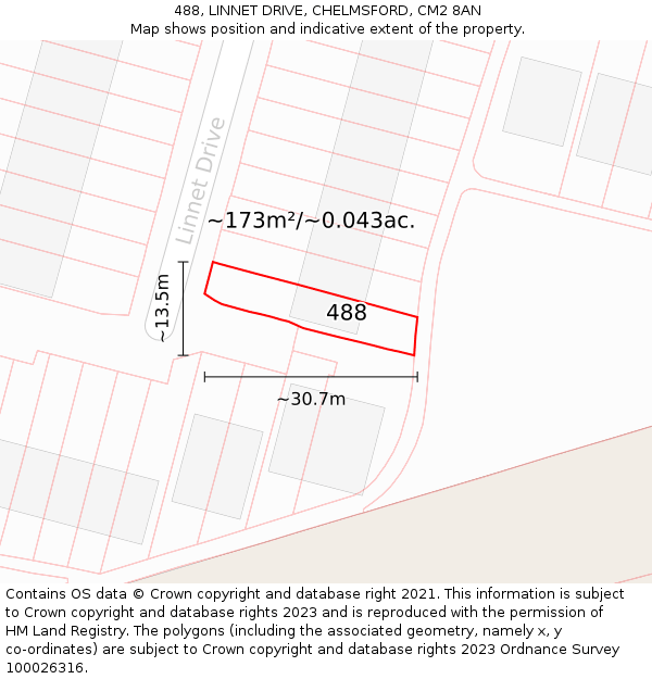 488, LINNET DRIVE, CHELMSFORD, CM2 8AN: Plot and title map