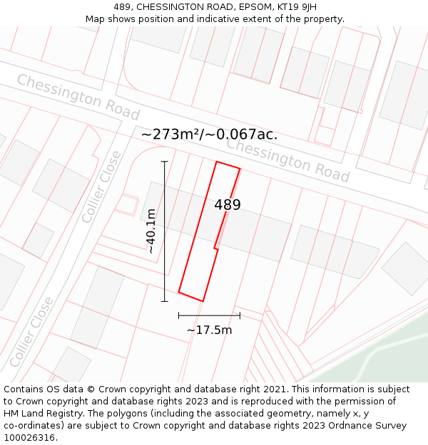 489, CHESSINGTON ROAD, EPSOM, KT19 9JH: Plot and title map