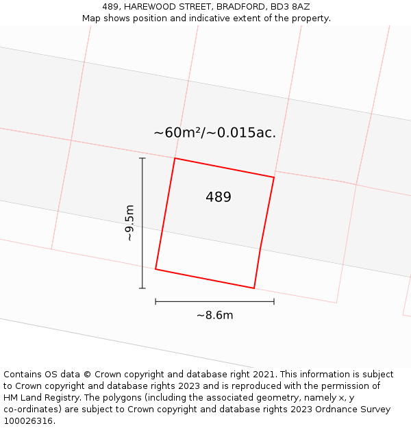 489, HAREWOOD STREET, BRADFORD, BD3 8AZ: Plot and title map