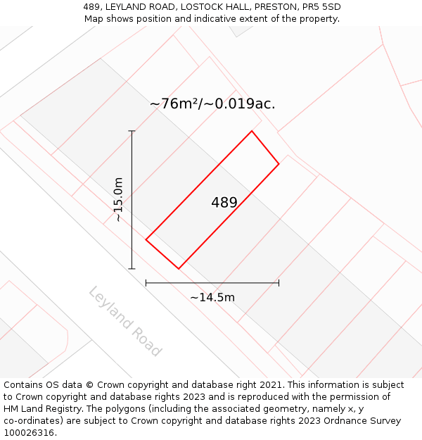 489, LEYLAND ROAD, LOSTOCK HALL, PRESTON, PR5 5SD: Plot and title map